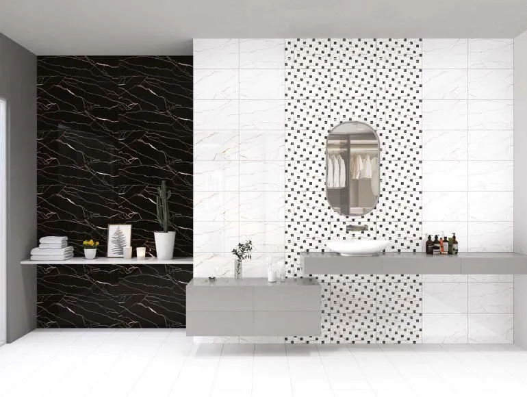 Washbasin design with golden veined black tiles